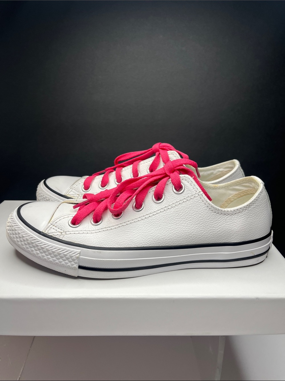 Leather Converse, White Low-Top with Bright Pink Laces - Picture 3 of 10